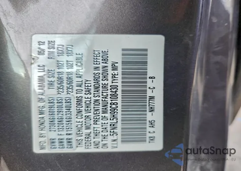 2012 Honda Odyssey Touring from USA, damaged, VIN 5FNRL5H99CB108430